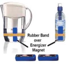 Water Energizer attached to pitcher and bottle with rubber band